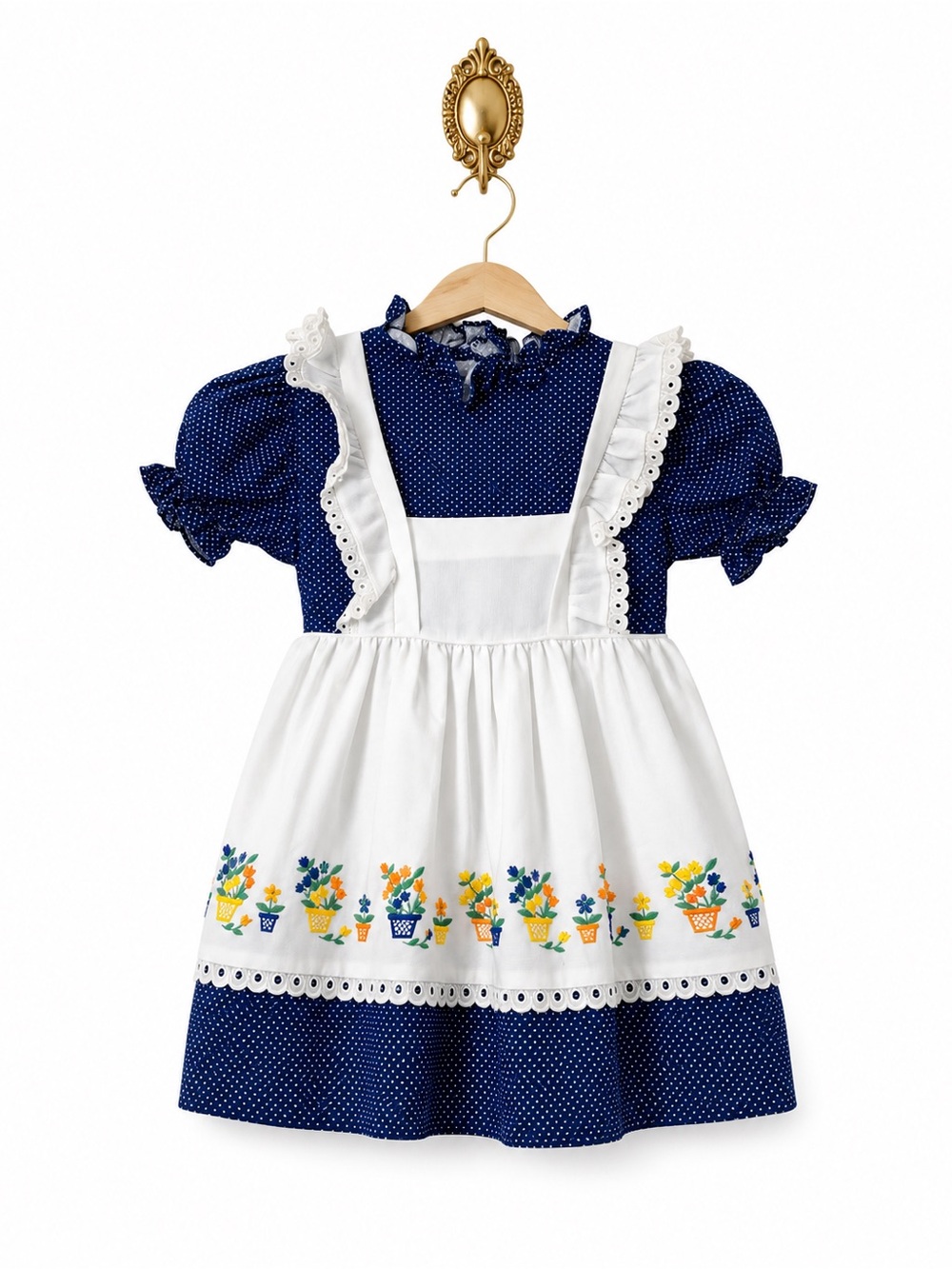 JCPenney Girls 6X Blue Polka Dot Apron Dress Embroidered Floral Cottagecore